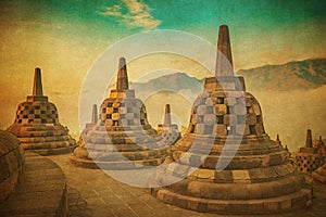 Vintage image of Borobudur temple, Java, Indonesia