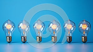 Vintage incandescent light bulbs with warm glow on deep blue background in retro style 3d render