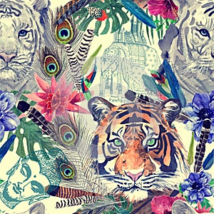 Vintage indian style tigers head pattern. Watercolor hand drawn.