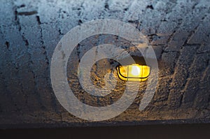 Vintage industrial ceiling light on white bricks