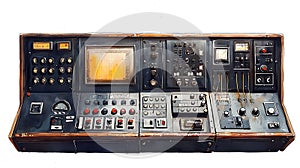 Vintage Industrial Control Panel with Retro Buttons Dials and Screen