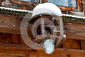Vintage Industrial Entrance Light. Beautiful Wooden House in the Forest. Forest Sauna House.