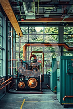 Vintage Industrial Equipment and Machinery in an Old Factory Interior with Pipes and Gauges