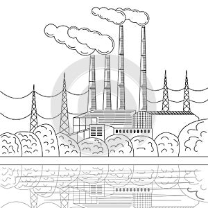 Vintage industrial landscape in engraving style, great design for any purposes. Vector line cityscape illustration