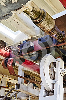 Vintage Industrial Machinery Detail - Rusted Drill, Metal Spring, and Beams