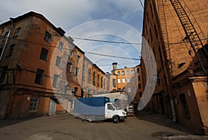 Vintage industrial red brick building in the industrial area of the old European city.