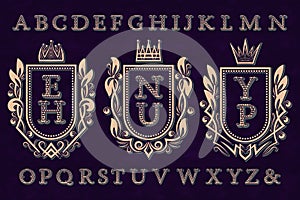 Vintage initial logos kit. Coat of arms frames, patterned letters, isolated alphabet