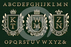 Vintage initial logos kit. Coat of arms frames, patterned letters, isolated alphabet