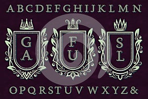 Vintage initial logos kit. Coat of arms frames, patterned letters, isolated alphabet