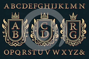 Vintage initial logos kit. Coat of arms frames, striped letters, isolated alphabet