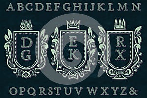 Vintage initial logos kit. Coat of arms frames, wavy stripe patterned letters, isolated alphabet