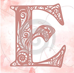 Vintage initials letter e. Design Vector. Alphabet, Calligraphy, Typography, Monogram. Pink color initials litter on a