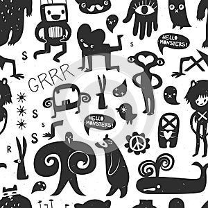 Vintage ink monsters and freaks. Seamless pattern photo