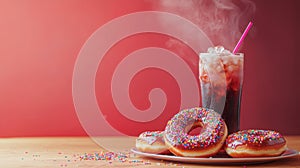 Vintage Inspired Backdrop Featuring Steaming Drink and Donuts photo