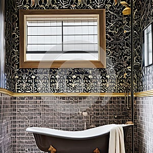 A vintage-inspired bathroom with patterned tiles and a clawfoot tub1, Generative AI