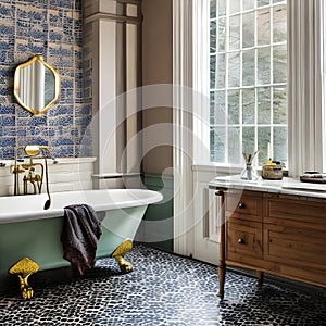 A vintage-inspired bathroom with patterned tiles and a clawfoot tub2, Generative AI