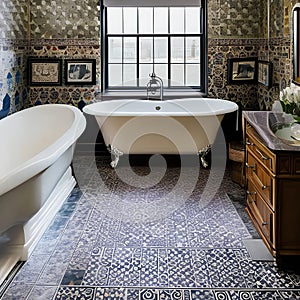 A vintage-inspired bathroom with patterned tiles and a clawfoot tub3, Generative AI