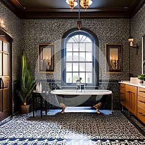 A vintage-inspired bathroom with patterned tiles and a clawfoot tub5, Generative AI