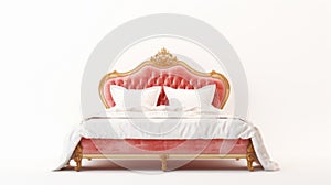 Vintage-inspired Bed With Gold Pillows And Red Upholstery