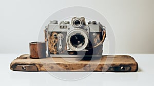 Vintage-inspired Camouflage Camera On Wooden Tray