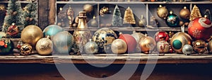 Vintage-inspired Christmas decorations like retro baubles, antique toys, and old-fashioned ornaments, infusing web banners with