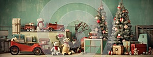 Vintage-inspired Christmas decorations like retro baubles, antique toys, and old-fashioned ornaments, infusing web banners with