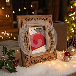 Vintage Christmas Frame with Envelope and Festive Decorations photo