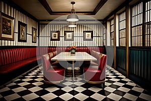 A vintage-inspired dining room with retro diner booths and checkered floors