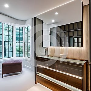 A vintage-inspired dressing room with a vanity table, a full-length mirror, and a walk-in closet with organized storage for clot