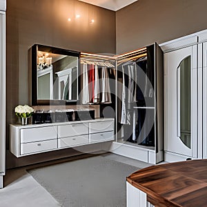 A vintage-inspired dressing room with a vanity table, a full-length mirror, and a walk-in closet with organized storage for clot
