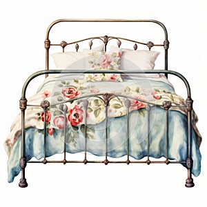 Vintage Inspired Metal Bed With Floral Fabric - Detailed Illustrations