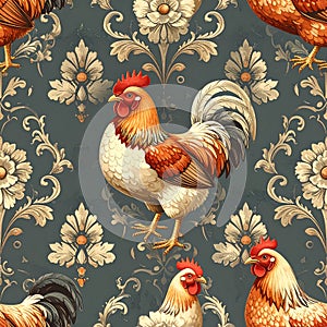 Rooster Elegance - A Vintage-Inspired Chicken Pattern Design