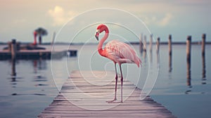 Vintage-inspired Photo: Pink Flamingo On Old Pier