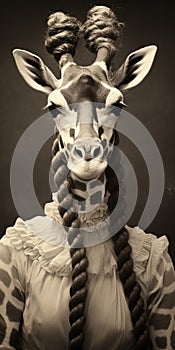 Vintage-inspired Portrait Of Giraffe With Braided Braids And Trachten