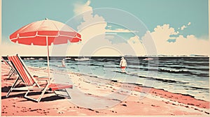 Vintage-inspired Red Umbrella On Sandy Beach