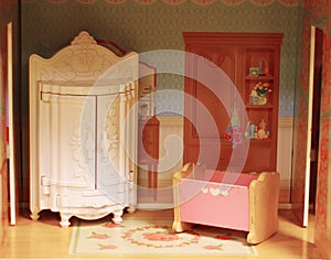 Vintage interior of baby dollhouse. Cute tiny doll room with closet and cradle.