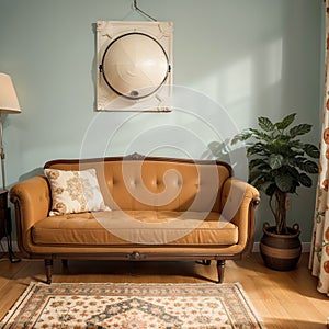 Vintage interior of retro orange armchair vintage wooden light blue sideboard old phonograph (gramophone) vinyl records on