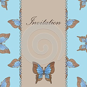 Vintage invitation card with blue butterfly