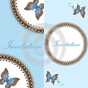 Vintage invitation card with blue butterfly