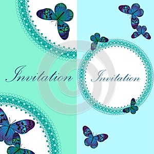 Vintage invitation card with blue butterfly