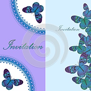 Vintage invitation card with blue butterfly