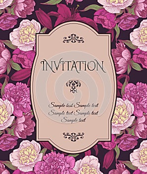 Vintage invitation card with hand drawn pink and white peonies, red lilies, can be used for baby shower, wedding, birthday and oth