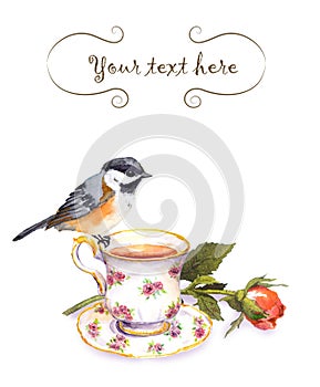 Vintage invitation card with retro design - watercolor bird, tea cup and rose flower