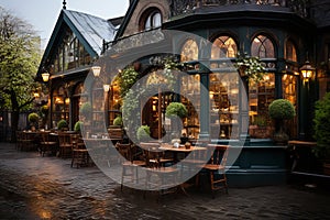 Vintage Irish pub exterior, wooden design, street seating, hanging greenery.