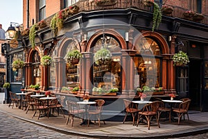 Vintage Irish pub exterior, wooden design, street seating, hanging greenery.