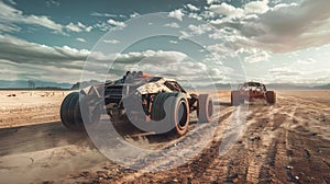 Vintage iron cars drive in desert in future, old vehicle race in post apocalypses. Theme of dystopia, speed, steampunk, fantasy