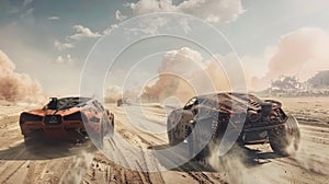 Vintage iron cars drive in desert in future, old vehicle race in post apocalypses. Theme of dystopia, speed, steampunk, wasteland