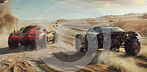 Vintage iron cars drive in desert in future, panoramic view of old vehicle race in post apocalypses. Theme of dystopia, speed,