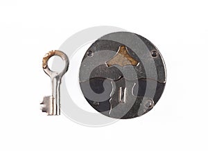 vintage iron lock with key isolated on white