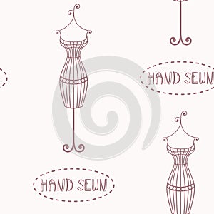 Vintage iron mannequin seamless pattern with inscription hand sewn